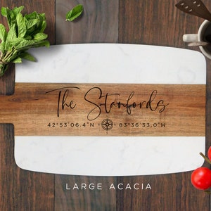 Custom Marble Acacia Cheese Board with coordinates. Custom Serving Board. Personalized Cheese Board. New Home Gift, Charcuterie Board gift