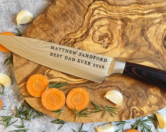 Custom Engraved Professional Chef Knife. Gift for Dad, Husband for Father's Day. Stainless Steel Blade, Pakka Wood Handle