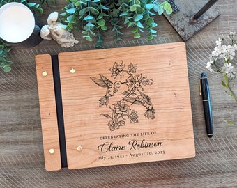 Custom Memorial Book. Hummingbird Memory Custom Wooden Memorial Guest Book.  Wood Funeral Guest Book Personalized Celebration of life book