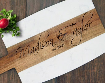 Custom Wedding Gift for Couple, Personalized Acacia Wood Marble Cheese Board. Custom Cheese Board - Housewarming Gift, Charcuterie Board