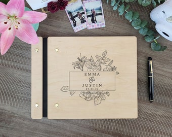 Personalized Wooden Wedding Welcome Album - Custom Engraved Engagement Guestbook - Polaroid Photobooth Guest Book Tropical Wedding