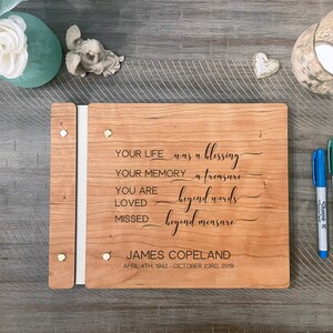 Personalized Engraved Custom Wooden Memorial / Funeral Guest Book. Wood celebration of life book custom Memorial rememberance album image 1