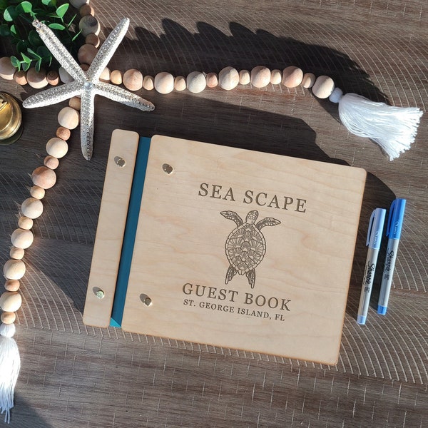 Custom Sea Turtle Guest Book - Personalized Beach House Guestbook - Airbnb Guest Memory Book - Engraved Wooden Vrbo Vacation Welcome Book