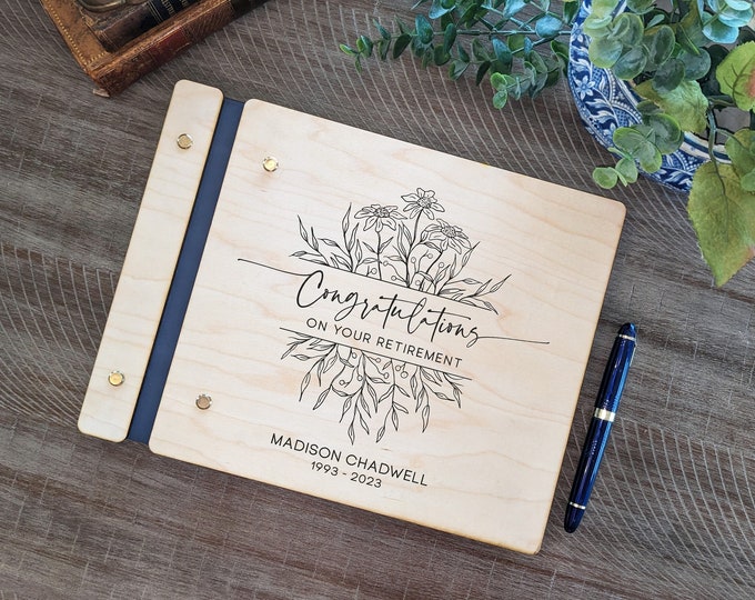 Custom Retirement Guest book, Engraved Wooden Guestbook, Custom Retirement Gift for Her. Coworker Retirement Gift
