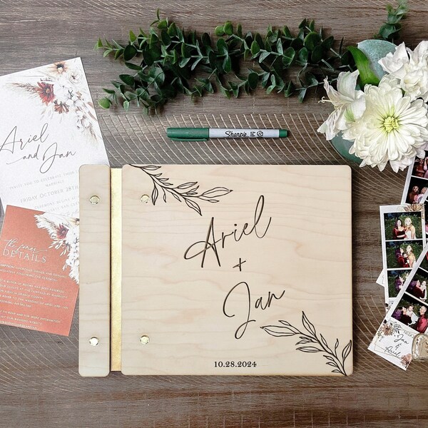 Wedding Guest Book - Custom Engraved Engagement Guestbook - Personalized Modern Wooden Wedding Welcome Album - Simple Photobooth Guest Book