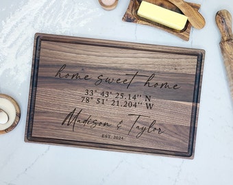 Engraved Home Sweet Home -Coordinates - Cutting Board. First Home New Home Custom Personalized Engraved Gift. Realtor Closing Gift.