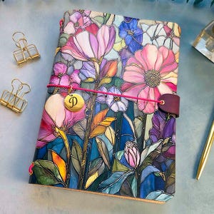 Leather Traveler's Notebook - Stained Glass Garden - Personalized Journal Cover - A5 Standard Pocket Size - Gift for Writers - TN Notebook