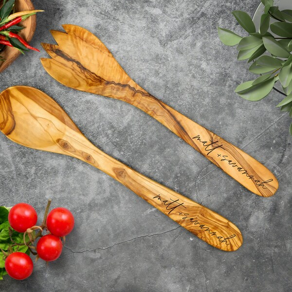 Personalized Custom Rustic Olive Wood Salad Server Set. Unique Engraved Rustic Salad Server Set. New Home - Anniversary - Wedding Gift