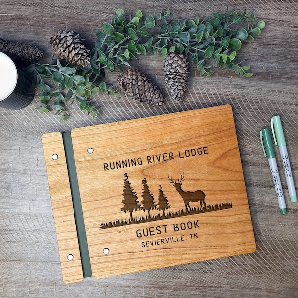 Custom Cabin Guest Book - Vacation Mountain Home - Airbnb Guest Memory Book. Personalized Vrbo Forest Guestbook - Engraved Wooden Guest Book