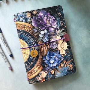 Leather Travelers Notebook Cover - Zodiac Floral Refillable Journal - A5, Midori Regular, Pocket Size - Personalized Charm -Celestial Garden