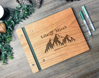 Rustic Wedding Guest Book Boho Personalized Wedding photo book, 4 wood choices Guest Book / Mountain Guestbook,  Engraved Wooden Guest Book