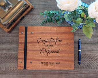 Congratulations on your Retirement Guestbook or album - a Personalized and engraved wooden Guestbook. Wooden Guest Book, Retirement Gift