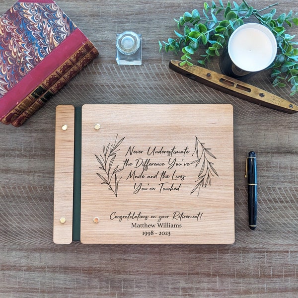 Custom Retirement Guest book, Engraved Wooden Guestbook, Custom Retirement Gift. Retirement gift for him. Retirement gift for her.