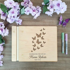 Memorial Guest Book - Butterfly Celebration Of Life Book - Custom Wooden Funeral Guest Book - Personalized Memory Keepsake Photo Album