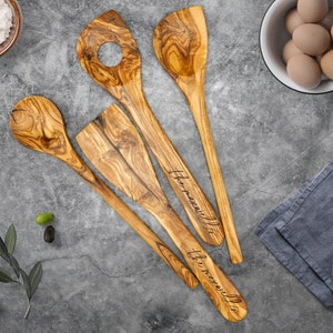Custom Rustic Olive Wood Spoon Set of 4, Personalized Engraved Salad Set, Engraved Spatula, New Home, Anniversary, Wedding Gift
