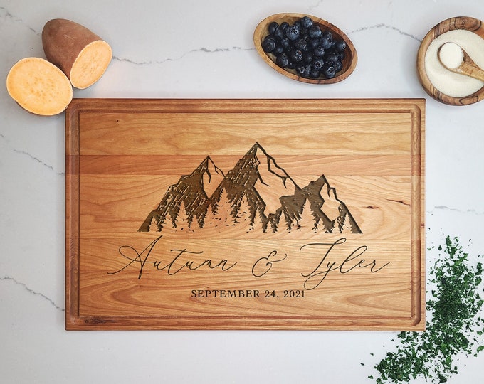 Custom Engraved Hardwood Mountain Cutting Board. Personalized Cutting Board, Engraved Serving Board, Rustic First Home Closing Gift