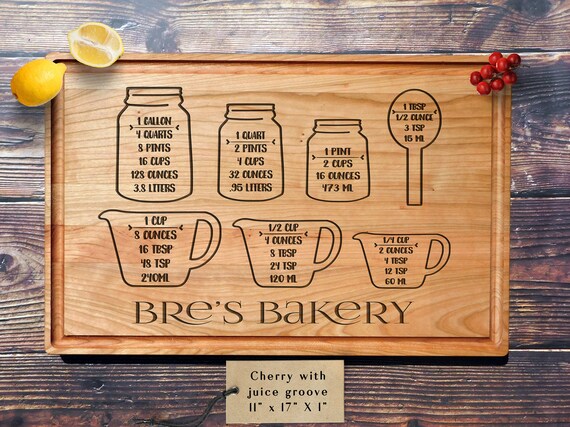 Personalized hardwood cutting board with a measure conversion
