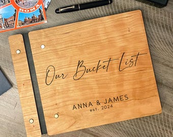 Our Bucket List Book Wood cover Guest Book, Custom Bucket List Personalized Wedding Gift, Bucket List Gift. Valentine Gift. Anniversary Gift