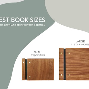 Peut inclure: Pr&eacute;sentation de deux livres d'or en bois, de petite et de grande taille. Le petit livre mesure 22,86 cm x 15,24 cm, et le grand livre mesure 29,21 cm x 22,86 cm. Le texte "GUEST BOOK SIZES" et "CHOOSE THE SIZE THAT IS BEST FOR YOUR OCCASION" est visible.
