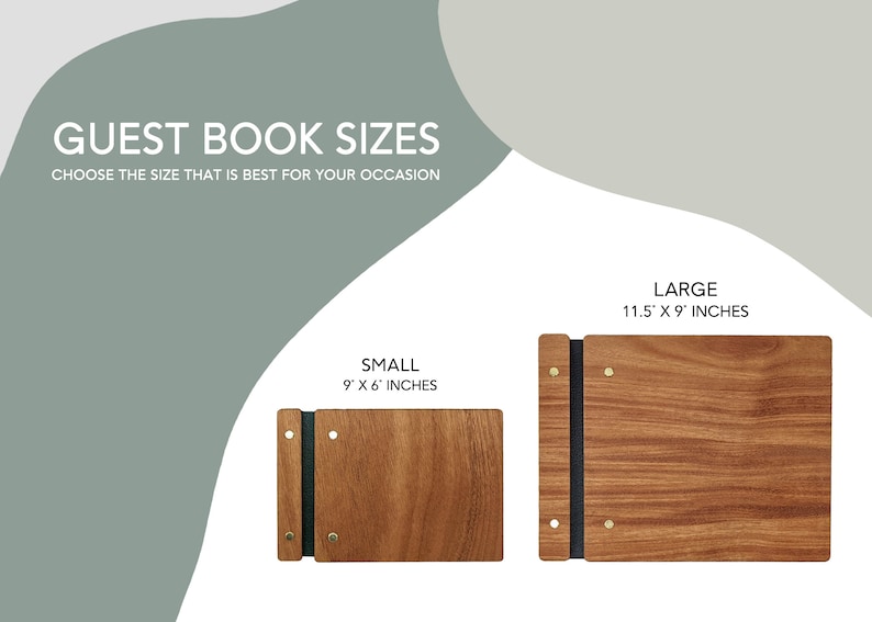 Peut inclure: Pr&eacute;sentation de deux livres d'or en bois, de petite et de grande taille. Le petit livre mesure 22,86 cm x 15,24 cm, et le grand livre mesure 29,21 cm x 22,86 cm. Le texte "GUEST BOOK SIZES" et "CHOOSE THE SIZE THAT IS BEST FOR YOUR OCCASION" est visible.