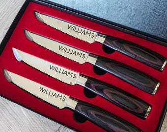 Personalized Steak Knife Set of 6: Engraved Stainless Steel Blades, Pakka wood Handles