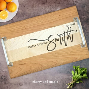 Wood Serving Tray. Custom Personalized Serving Tray with Handles. Newlywed Gift. Wedding gift. Engraved Serving tray. Realtor Closing gift image 2