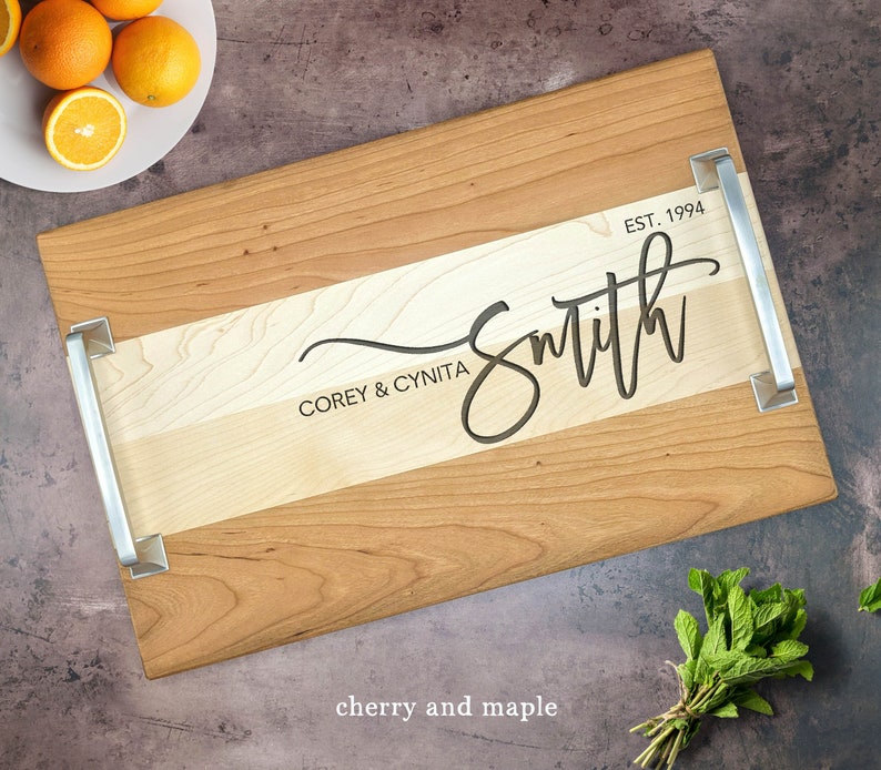 Wood Serving Tray. Custom Personalized Serving Tray with Handles. Newlywed Gift. Wedding gift. Engraved Serving tray. Realtor Closing gift image 2