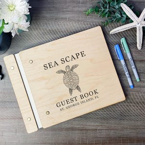 Custom Beach House Sea Turtle Guest Book - Personalized Beach House Guestbook - Airbnb Visitors Book - Engraved Wooden Vacation Welcome Book