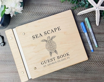 Custom Beach House Sea Turtle Guest Book - Personalized Beach House Guestbook - Airbnb Visitors Book - Engraved Wooden Vacation Welcome Book