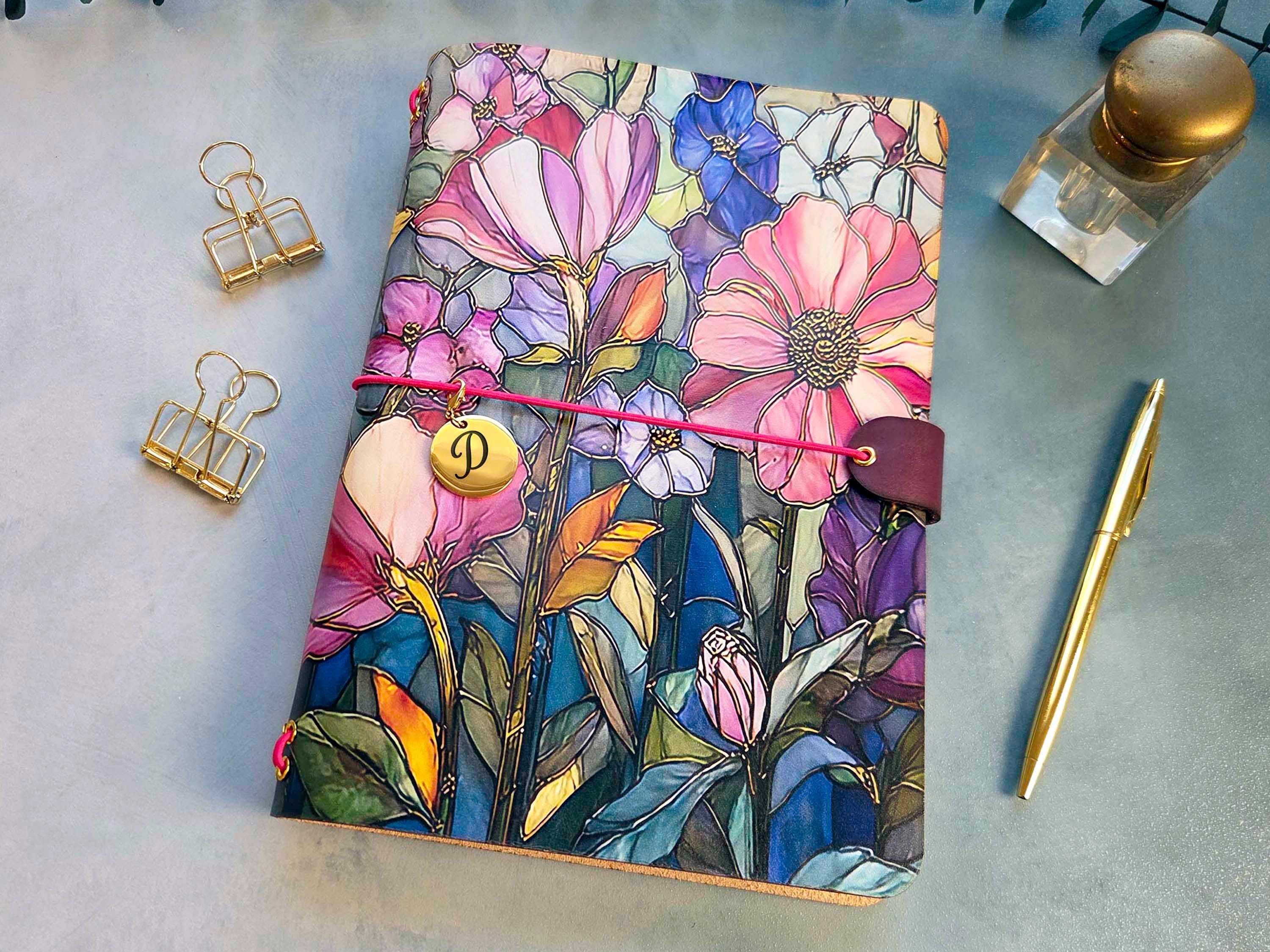 Leather Traveler's Notebook - Stained Glass Garden - Personalized ...
