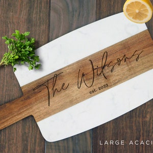 Custom Wedding Gift for Couple, Personalized Acacia Wood Marble Serving Board. Custom Cheese Board - Housewarming Gift, Charcuterie Board