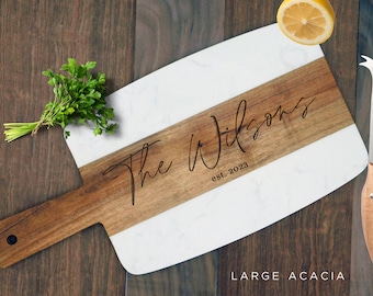 Custom Wedding Gift for Couple, Personalized Acacia Wood Marble Serving Board. Custom Cheese Board - Housewarming Gift, Charcuterie Board