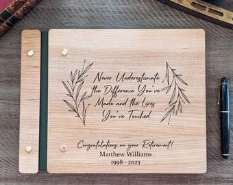 Custom Retirement Guest book, Engraved Wooden Guestbook, Custom Retirement Gift. Retirement gift for him. Retirement gift for her.