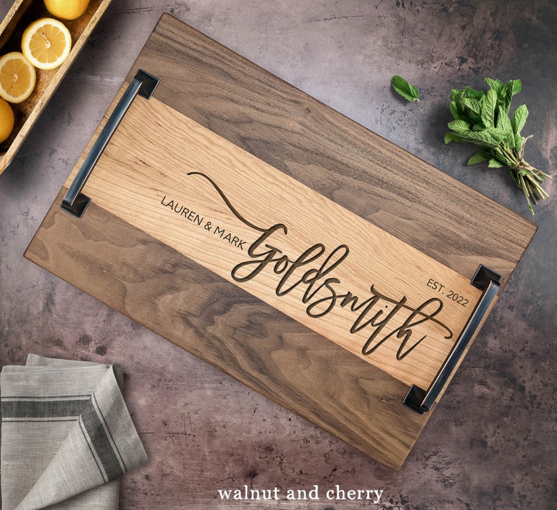 Wood Serving Tray. Custom Personalized Serving Tray with Handles. Newlywed Gift. Wedding gift. Engraved Serving tray. Realtor Closing gift image 1