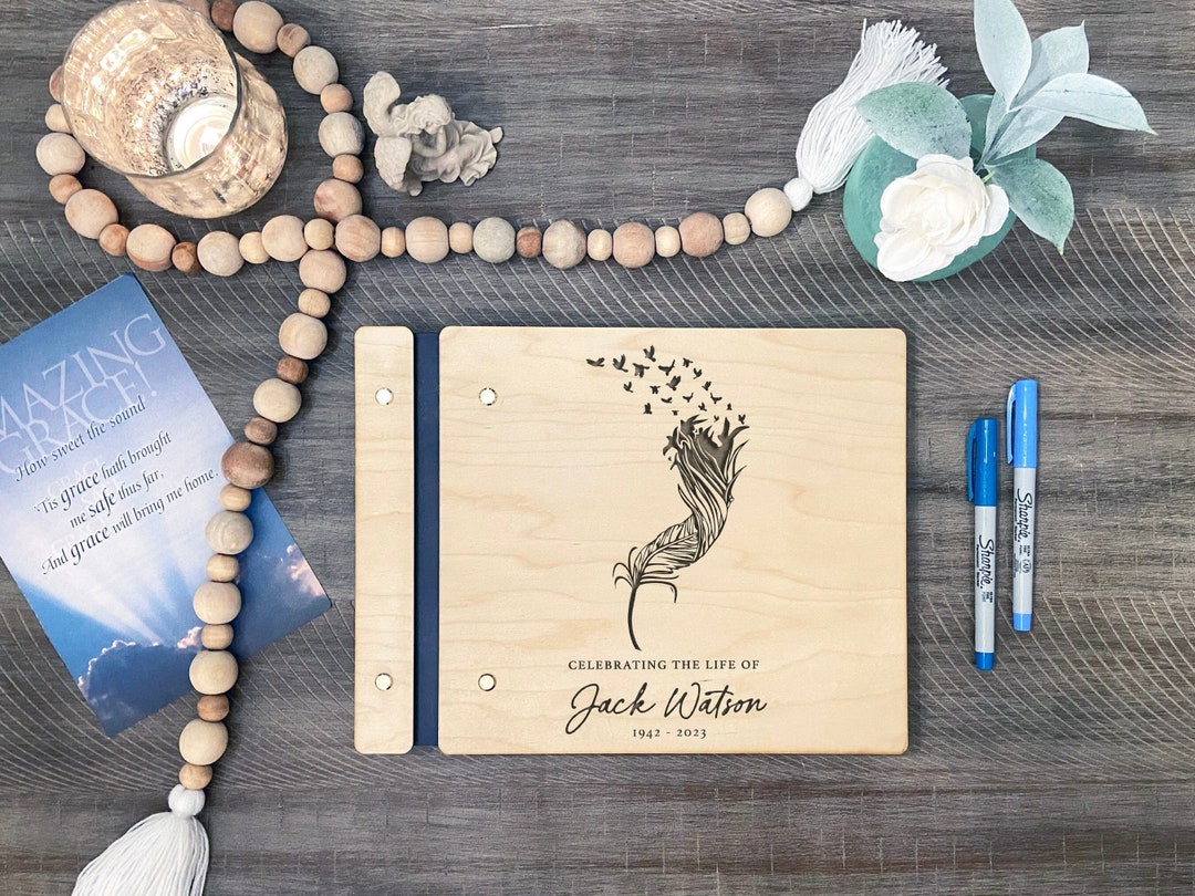 Custom Memorial Book. Birds Feather Memory Custom Wooden Memorial Guest