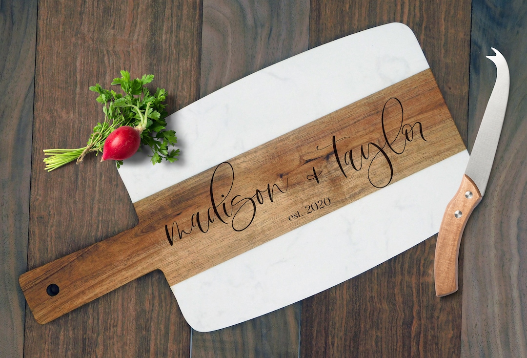 Personalized Marble & Acacia Wood Cheese Board – Custom Charcuterie and ...