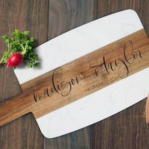 Personalized Marble & Acacia Wood Cheese Board – Custom Charcuterie and Serving Tray