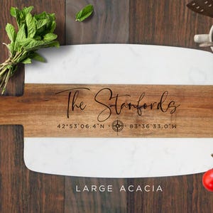 Marble Acacia Cheese Board with GPS coordinates. Custom Serving Board. Personalized Cheese Board. New Home Gift, Charcuterie Board