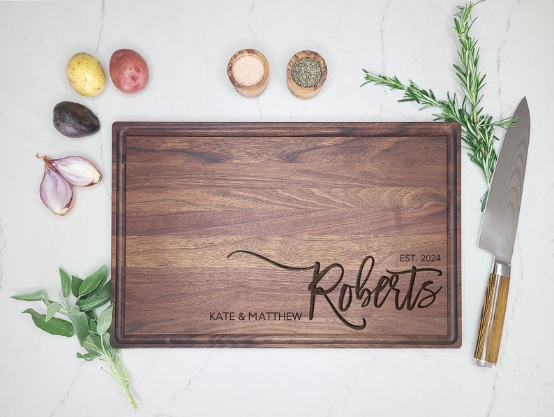 Personalized Family Name Cutting Board. Custom Engraved chopping Board Custom board, Wedding Gift, Anniversary, Housewarming Gift for couple image 1