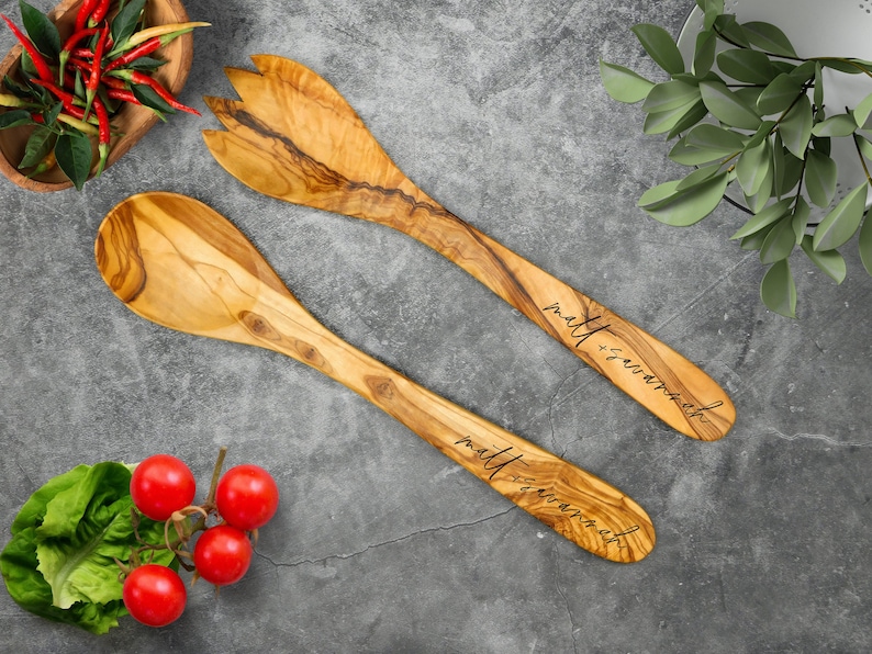 Personalized Custom Rustic Olive Wood Salad Server Set. Unique Engraved Rustic Salad Server Set. New Home Anniversary Wedding Gift image 1