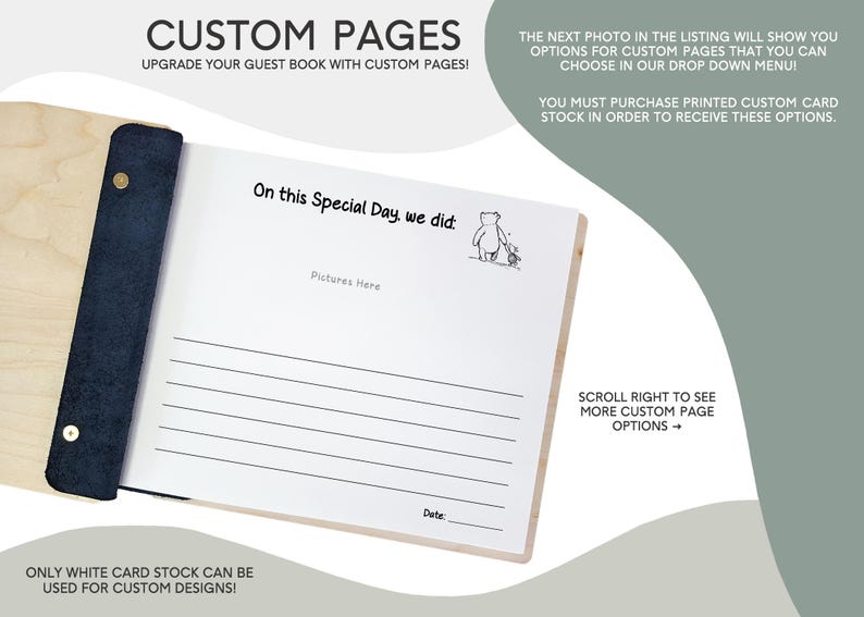 Peut inclure: Livre d'or ouvert avec pages personnalis&eacute;es. La page de gauche porte le texte "On this Special Day, we did:" avec une petite illustration d'ours. En dessous, des espaces lign&eacute;s pour &eacute;crire et une ligne "Date:". La couverture est en bois avec un dos bleu fonc&eacute;.