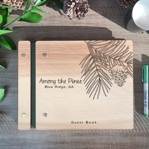 Pine Tree Custom Engraved Cabin Guest Book - Wood Engraved Book for Vacation Rentals & Mountain Lodges
