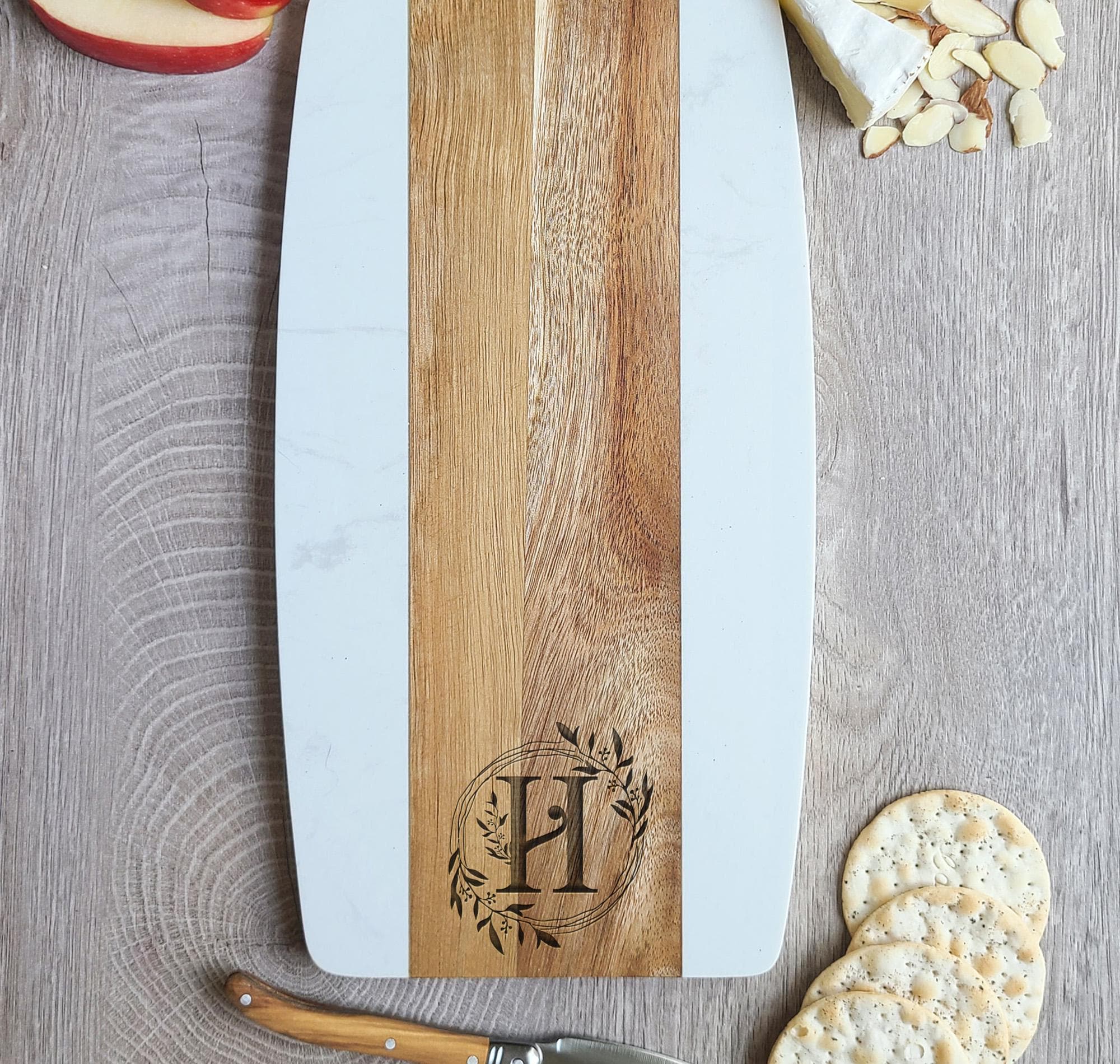 Custom Acacia Wood Marble Cheese Board Floral Monogram and Coaster Set ...