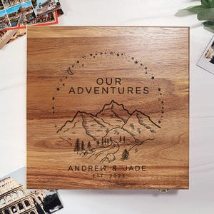 Our Adventures - Custom Acacia Wood Memory Box - Engraved Keepsake - Travel, Vacation