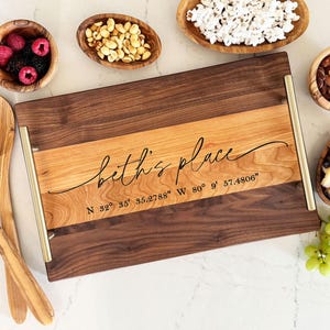 Personalized Wood Serving Tray with Handles: Engraved Newlywed Gift