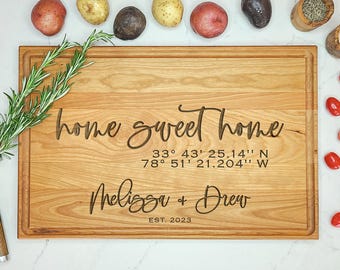 Engraved Home Sweet Home -Coordinates - Cutting Board. First Home New Home Custom Personalized Engraved Gift. First Home Gift Cutting Board