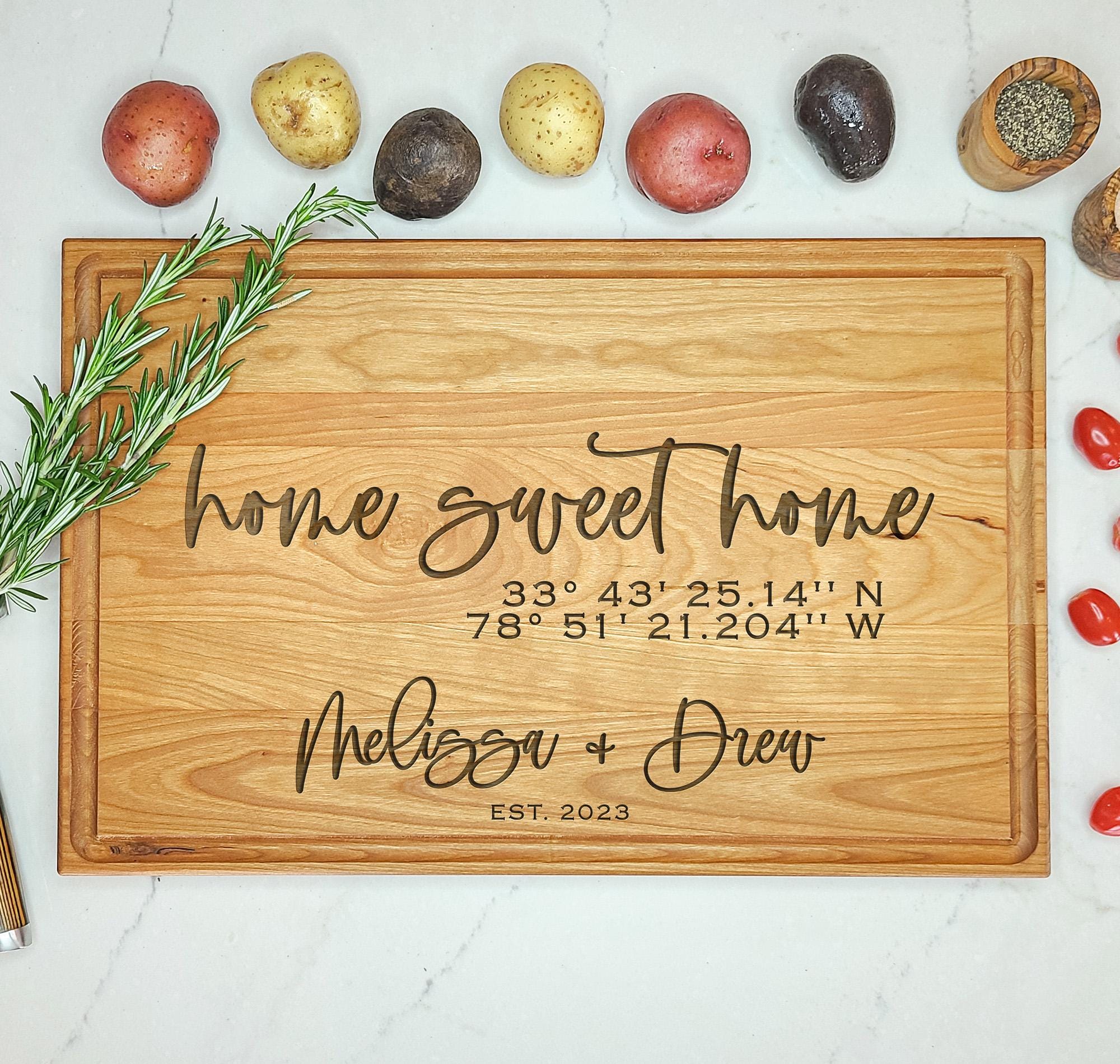 Engraved Home Sweet Home -Coordinates - Cutting Board. First Home New Home Custom Personalized Engraved Gift. First Home Gift Cutting Board