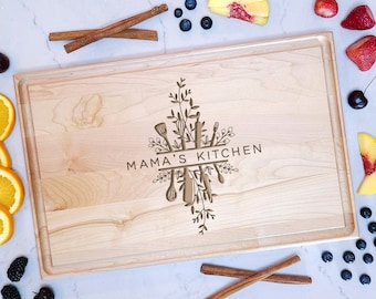 Personalized Wood Cutting Board for Mom - Engraved Charcuterie Board - Floral Design