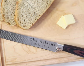 Personalized Bread Knife: Custom Engraved Stainless Steel Blade with Pakka wood handle