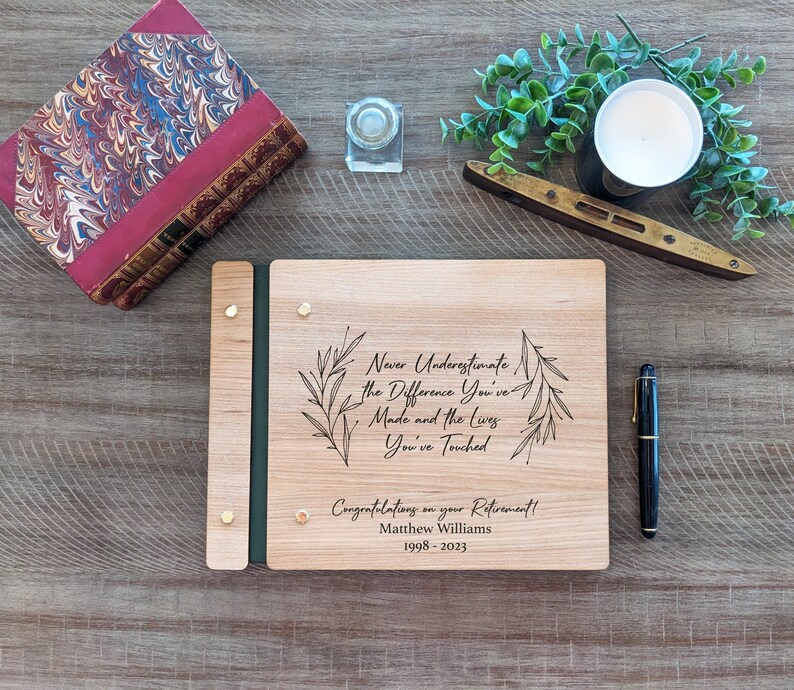 Custom Retirement Guest book, Engraved Wooden Guestbook, Custom Retirement Gift. Retirement gift for him. Retirement gift for her. image 1